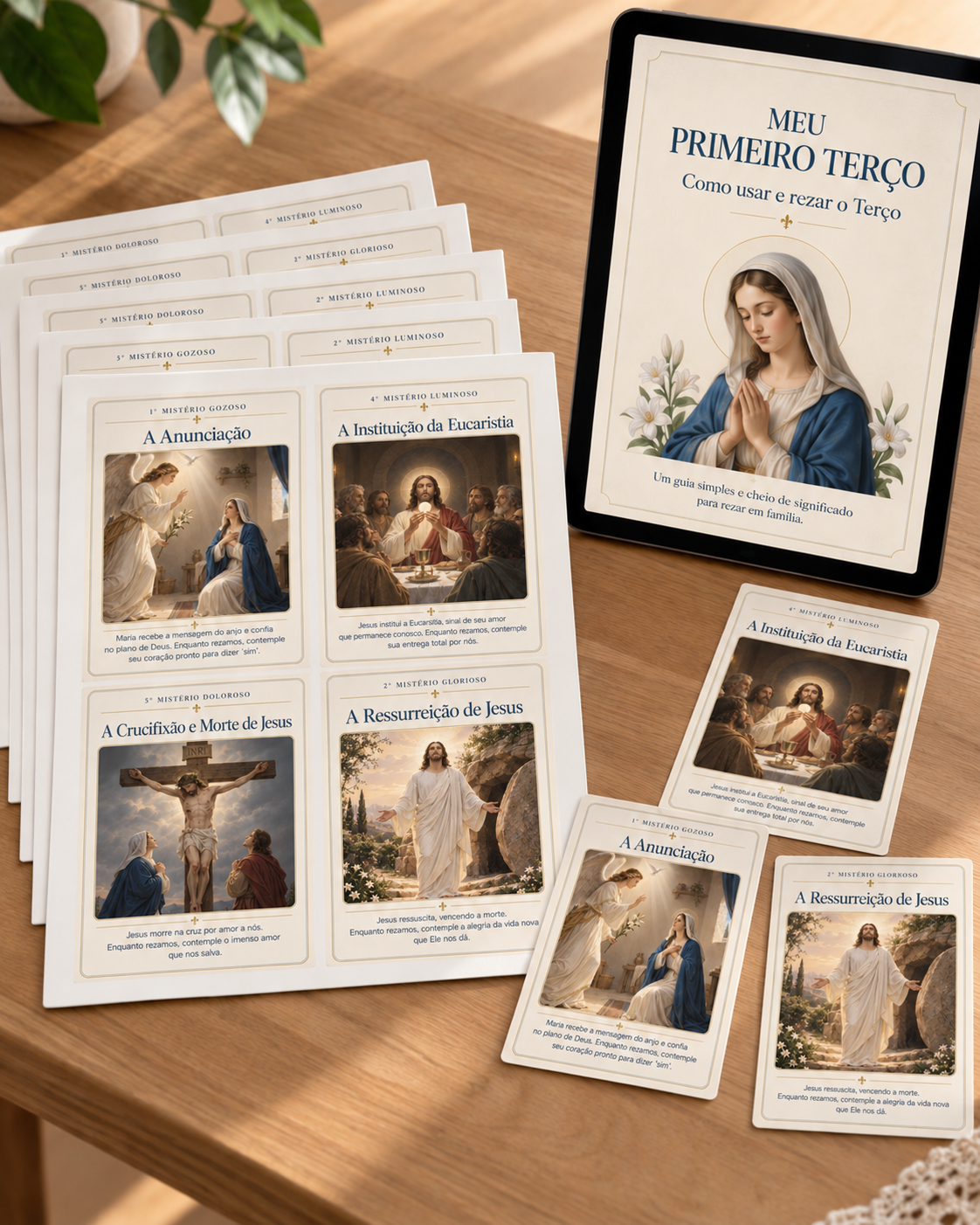 Cartas imprimíveis e guia digital do Meu Primeiro Terço.